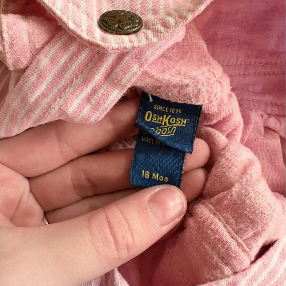 Y2K Kids Baby Girl OshKosh B’gosh Pink Stripe Denim Overall Dress Size 18M